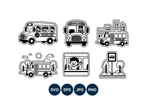 Children School Bus Line Art: Graphics for Crafts