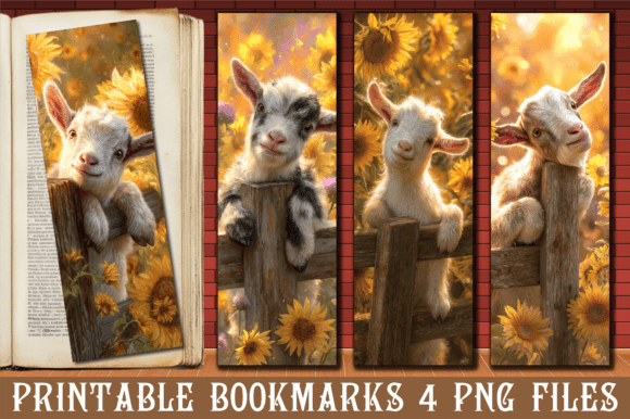 Cute Baby Goat Sunflower Field Bookmark Graphics for Crafts