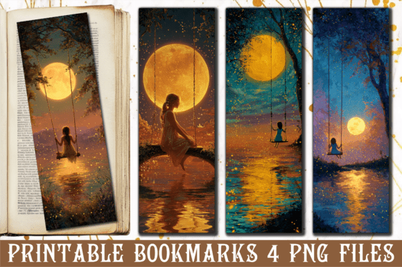 Girl on Swing Golden Moon Bookmark PNG: Graphics for Crafts