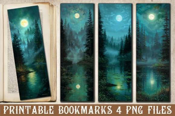 Misty Night Forest Full Moon Bookmark Graphics for Crafts